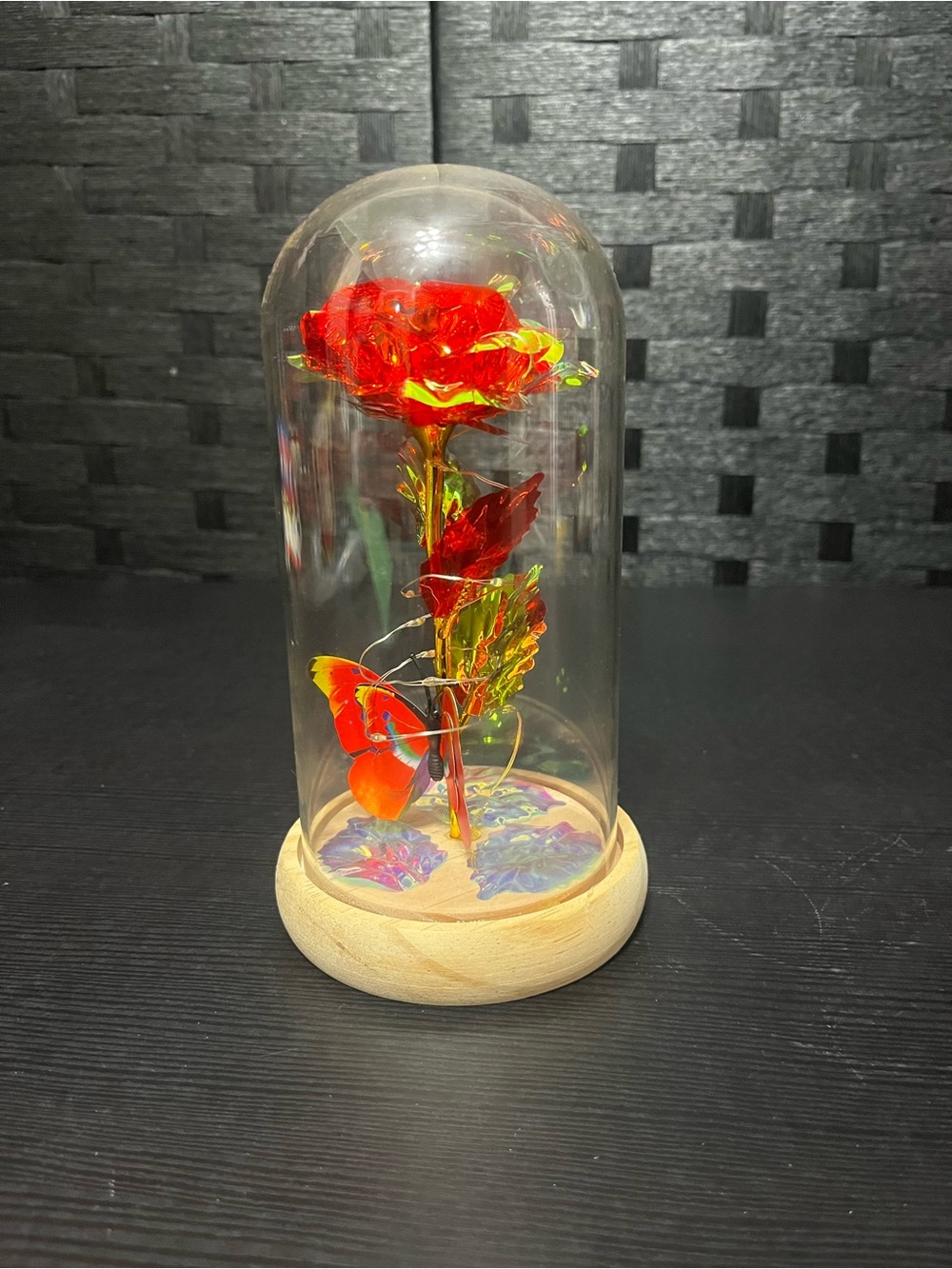 Red LED Glass Dome Rose and Butterfly Display